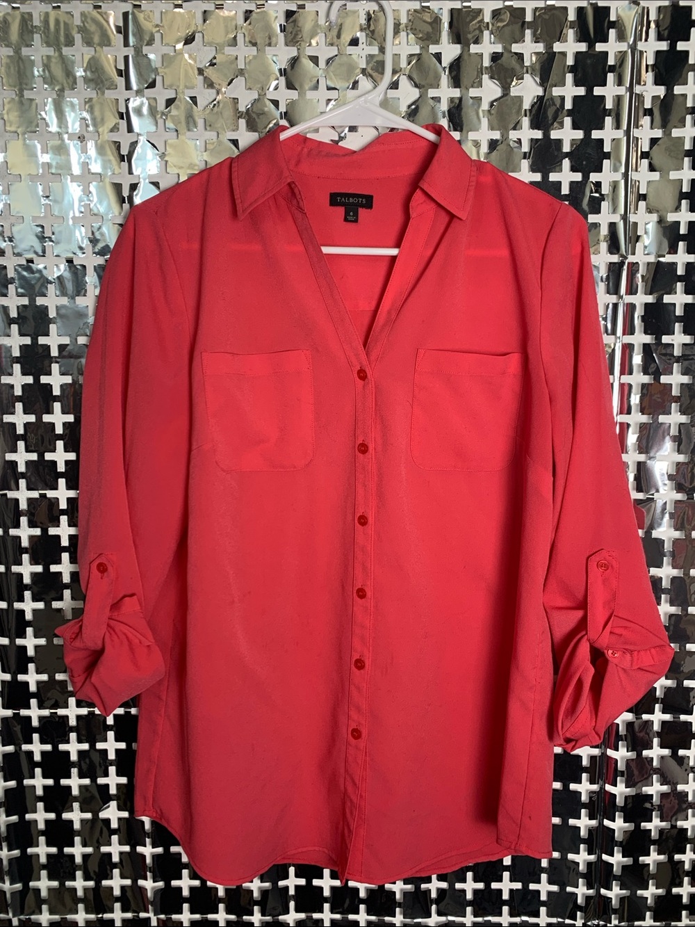 Talbots Coral Button-Down Shirt with Roll-Tab Sleeves
